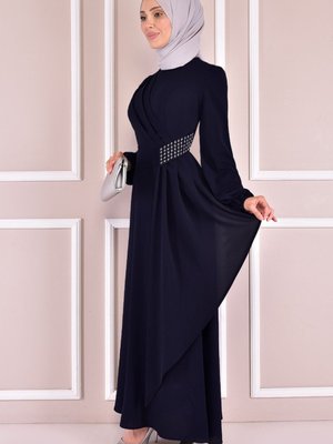 Kemeri Taşlı Asimetrik Krep Abiye Elbise Lacivert