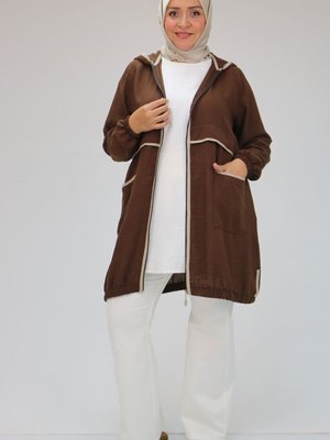 Kahve Büyük Beden Biye Detaylı Keten Kap