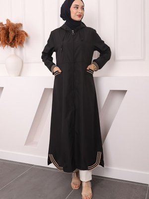 Siyah Kapüşonlu Ribanalı Trençkot Siyah Kapüşonlu Ribanalı Trençkot