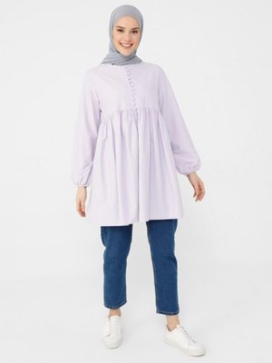 Lila Brit Düğme Detaylı Robadan Genişleyen Poplin Tunik