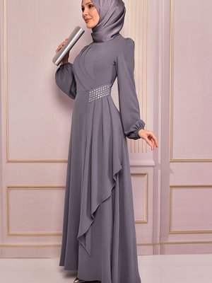 Kemeri Taşlı Asimetrik Krep Abiye Elbise Gri
