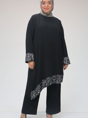 Siyah Büyük Beden Pul Payet Şifonlu Pantolonlu Takım Siyah Büyük Beden Pul Payet Şifonlu Pantolonlu Takım