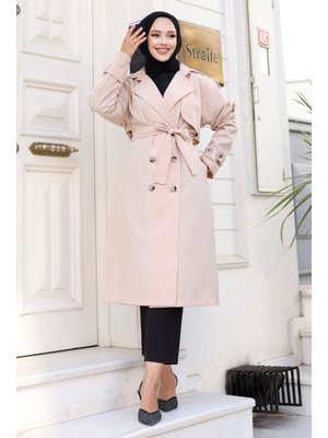 Bej Arkası Düğme Detaylı Kruvaze Yaka Trençkot