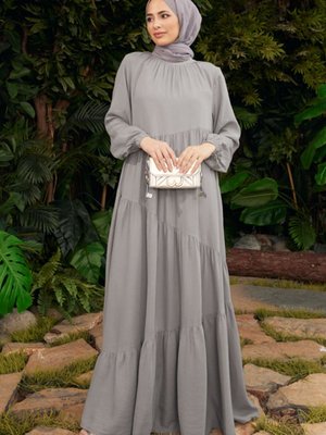 Denim Büzgülü Elbise Gri