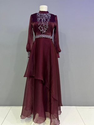 Şifon Taşlı Kat Kat Bordo Abiye Elbise