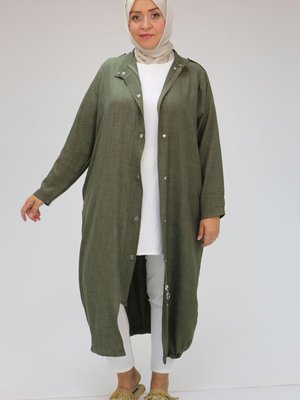 Haki Büyük Beden Çıtçıt Detaylı Fermuarlı Kap