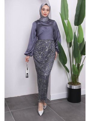 Füme Ön Bağlamalı Pul Payetli Abiye Elbise