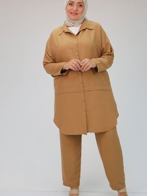 Vizon Büyük Beden Önden Patlı Mucize Pantolonlu Takım Vizon Büyük Beden Önden Patlı Mucize Pantolonlu Takım