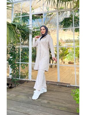 Çıtçıtlı Kapüşonlu Uzun Tunik Pantolon İkili Eşofman Takımı Ekru Çıtçıtlı Kapüşonlu Uzun Tunik Pantolon İkili Eşofman Takımı Ekru
