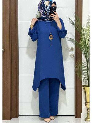 K70 İndigo Tunik Pantolon Aerobin Kumaş İkili Takım Buyuk Beden Yeni Sezon Kolyeli