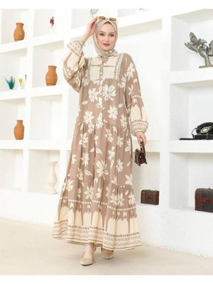 Uzun Tam Boy Balon Kol %100pamuklu Viskon Kumaş Eteği Fırfırlı Desenli V Yaka Elbise