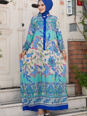 Önü Düğmeli Çiçek Desenli Elbise