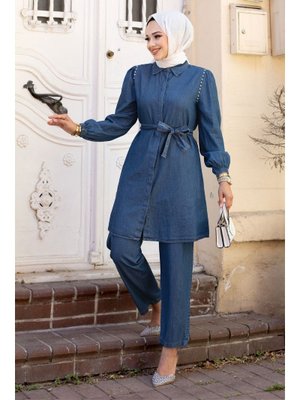 Mavi Omuzu Çakımlı Beli Kuşaklı Kot Takım