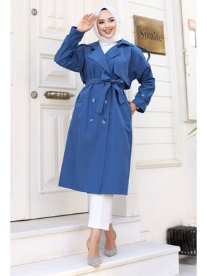 Mavi Arkası Düğme Detaylı Kruvaze Yaka Trençkot