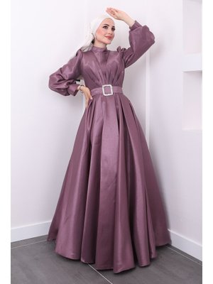 Mürdüm Balon Kol Drapeli Abiye Elbise