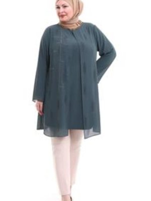 Nezafet Büyük Beden Kadın Tesettür Taşlı Şifon Abiye Tunik