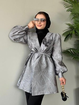 Ferda Yakası Güllü Balon Kol Ceket Gri