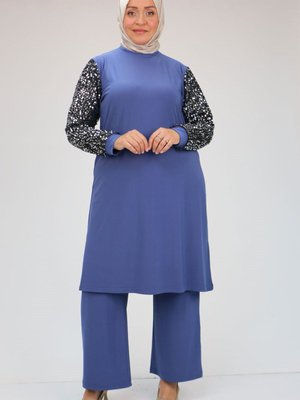 İndigo Büyük Beden Pul Payet Kollu Pantolonlu Takım İndigo Büyük Beden Pul Payet Kollu Pantolonlu Takım