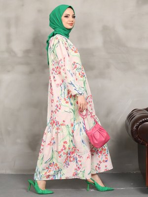 Lale Desen Kuşaklı Keten Elbise