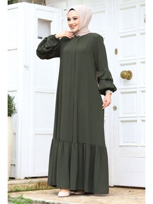 Haki Çift Balon Kol Detaylı Eteği Volanlı Ferace Haki Çift Balon Kol Detaylı Eteği Volanlı Ferace