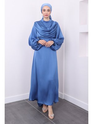 İndigo Yaka Detaylı Balon Kol Saten Abiye Elbise