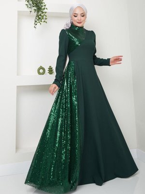 Pullu Krep Uzun Ebiye Elbise Zümrüt