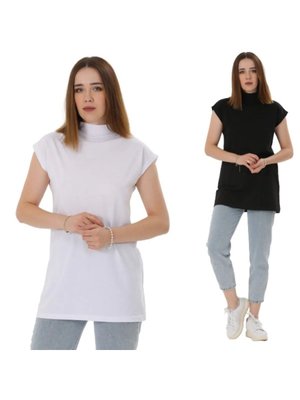 Siyah Beyaz 2'li Paket Dik Yaka Kolsuz Içlik Astar Tunik Pamuk