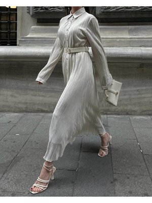 Pliseli Ekru İnce Yazlık Kumaş Kemerli Uyumlu Gömlek Elbise