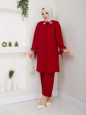 Yakası Ve Manşeti İnci Boncuklu Büyük Beden İkili Takım