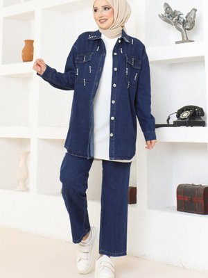 Cepli Taş Detaylı Kot Takım Koyu Mavi
