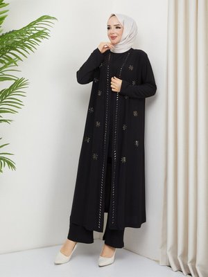 Kadın Siyah Sandy İç Atletin Ve Hırkanın Önüne Dms Taşlı Tesettür Üçlü Takım