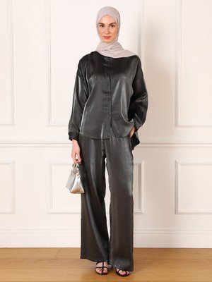 Siyah Simli Kumaş Tunik & Pantolon Şık Takım