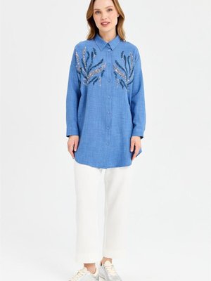 Çift Renk Pul Detaylı Tunik İndigo