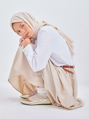 Bej Keten Kloş Etek