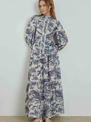 Etnik Desenli Keten Elbise Mavi