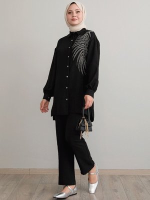 Yaprak Taş İşleme Siyah Keten Takım