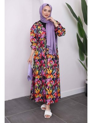 Siyah/lila Kol Bel Lastikli Desenli Elbise Siyah/lila Kol Bel Lastikli Desenli Elbise