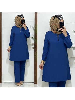 K70 İndigo Fermuarlı Tunik Pantolon Aerobin Kumaş İkili Takım Buyuk Beden Yeni Sezon