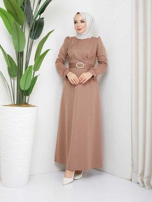 Kolu Tüylü Abiye Elbise Vizon
