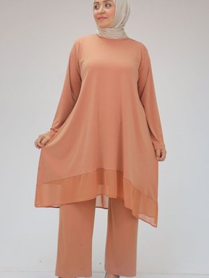 Somon Büyük Beden Sandy Şifon Pantolonlu Takım Somon Büyük Beden Sandy Şifon Pantolonlu Takım