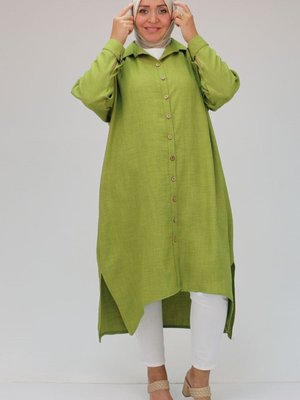 Yağ Yeşili Büyük Beden Yanı Yırtmaçlı Keten Tunik