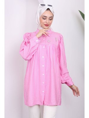 Pembe Yaka Taşlı Çizgili Tunik