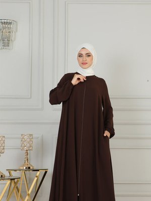 Boydan Fermuarlı Medine İpeği Ferace Kahverengi