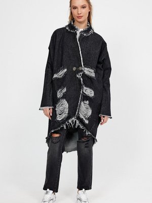 Antrasit Özel Koleksiyon Yırtık Detaylı Uzun Denim Ceket Antrasit Özel Koleksiyon Yırtık Detaylı Uzun Denim Ceket