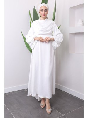 Beyaz Yaka Detaylı Balon Kol Saten Abiye Elbise