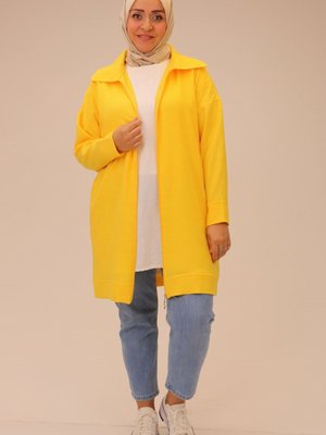 Sarı Büyük Beden Keten Airobin Erkek Yaka Fermuarlı Kap