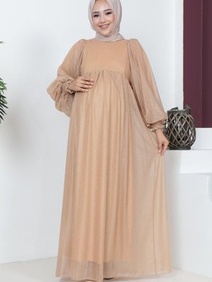 Simli Şifon Hamile Abiye Elbise Gold