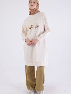 Ekru Pretty Nakışlı Reglan Kol Sweat Tunik