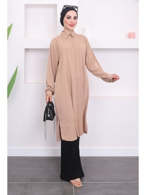 Bisküvi Büyük Beden Düğme Detaylı Yırtmaçlı Tunik Bisküvi Büyük Beden Düğme Detaylı Yırtmaçlı Tunik
