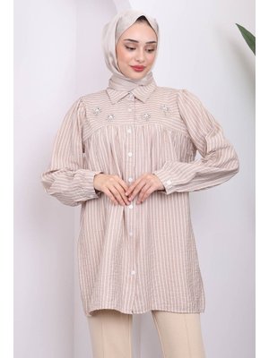 Vizon Yaka Taşlı Çizgili Tunik